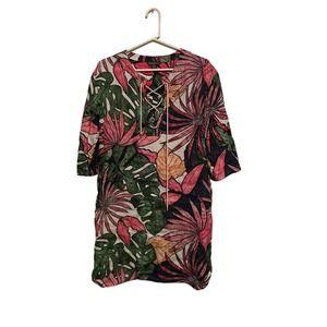 TOMMY BAHAMA Linen Tunic Mini Dress Cover Up Remy Tropical Floral Pockets SP